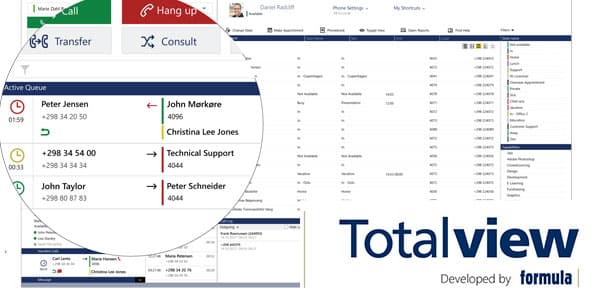 Skærmbillede af Totalview Callcenter-software med køoversigt, opkaldsstatus og medarbejderinformation – integreret med Connexa telefoni- og supportløsninger.